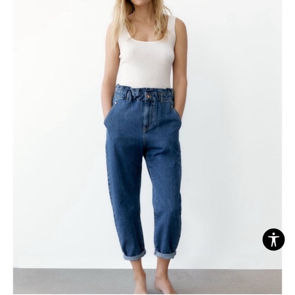 Zara Women Baggy Paperbag High-Waist Tapered Jeans Size 6 - Picture 1 of 7
